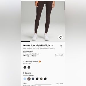 Lululemon wunder train leggings size 6 color expresso